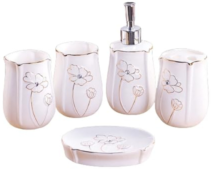 Bathroom Sets Juego de baño cerámica 5 Piezas Que Incluye dispensador loción, Porta cepillos Dientes, Vaso y jabonera Coastal Decor