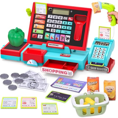Caja Registradora Juguetes Multifuncional,Juguetes de rol de Caja registradora de supermercado, Incluye Funciones de escaneo y Sonido, JJuguete de rol Apto para Niños y Niñas a Partir de 3 Años (Rojo)