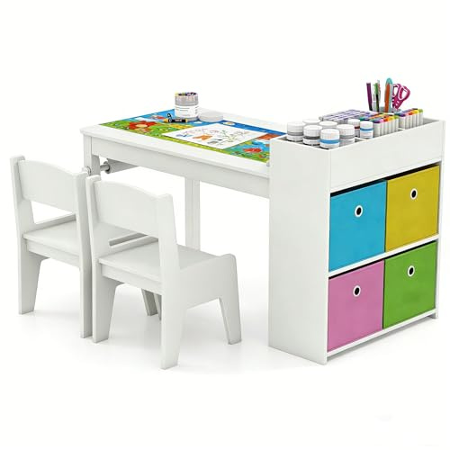 LIFEZEAL Kindertisch mit 2 Stühlen, Kinder Spieltisch und Stühle Set mit Papierrollen und 4 Stoffablagekörben, kindersitzgruppe Aktivitätstisch zum Malen, Schreiben für Mädchen & Jungen (Weiß)