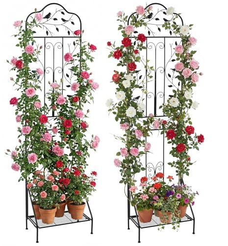FANTASK Valla de jardín 3 en 1, Estante para Flores y Soporte para Plantas, Soporte Decorativo para Enredaderas con Base, Enrejado de Metal, Enrejado para Plantas trepadoras, Flores, Verduras (Negro