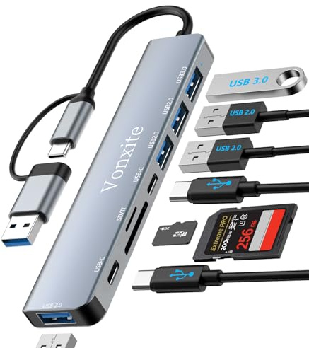 Hub USB 3.0,Hub USB C,8-en-2 Multiprise USB avec Port Usb 3.0/Lecture de Carte SD/TF/2 Ports Usb-C/3 Ports USb 2.0,5Gbps Haute Vitesse Compatible avec MacBook/Pro/Mini,iMac,Surface,XPS,PC,Dell,Windows