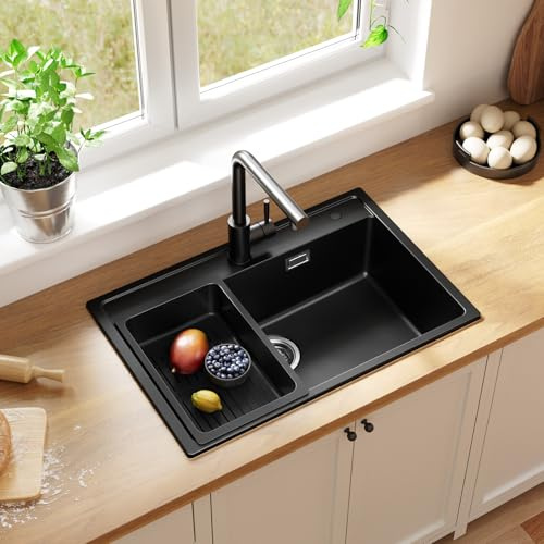 ANYCEE Lavello Cucina Nero 70x46 cm, Lavandino Cucina 1 Vasca con Cestello di Scarico, Lavello Granito per Mobile da 70 cm, Lavandino Nero di 80% Sabbia Quarzo con Sifone e Scarico