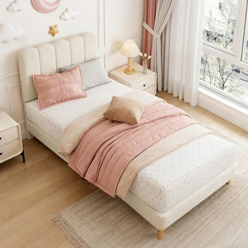Aptliton 3ft Single Bed Frame 90x190 cm, Bouclé Upholstered Platform Bed with Adjustable Wave Headboard, Sturdy Wooden Slats, Noise-Free Kids Single Bed with Underbed Storage, Cream Beige