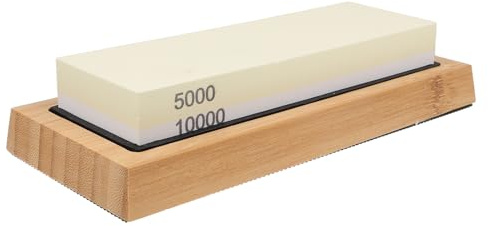 ibasenice Set Affilacoltelli Doppia Faccia con Pietra in Corindone Bianco e Base in Bambù Antiscivolo, Strumento Versatile e Stabile per Affilare Forbici e Coltelli