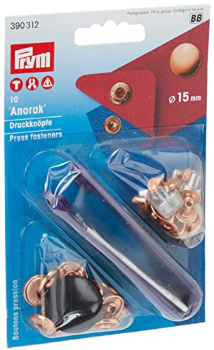 Prym 390312 Nähfrei-Druckknopf Anorak, 15mm, kupferfarbig, 10 Stück mit Werkzeug, Verkupfert
