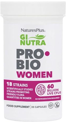 NaturesPlus GI Nutra Pro Bio Women - Live Bacteria Supplement, 60 Billion CFU, 18 Strains, with Cranberry & Prebiotic Fibre - Vegan, Gluten-Free, One a Day - 30 Capsules