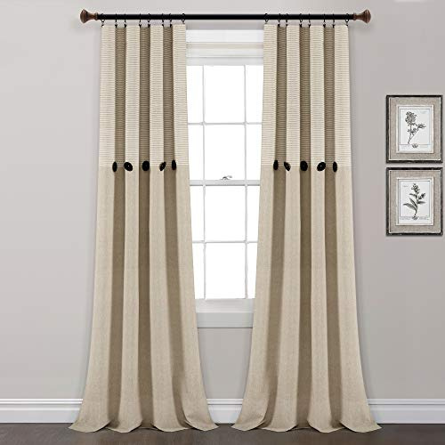 Lush Decor Farmhouse Button Stripe Yarn Dyed Cotton Blend Window Curtain Panels Pair 40 W x 84 L Linen - Striped Curtains for Living Room