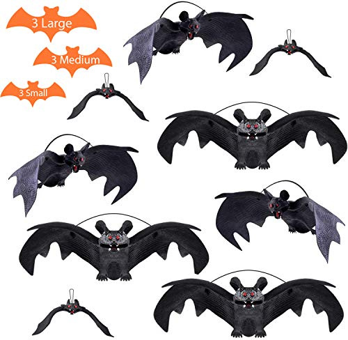 Jonami Deco Halloween Decoration Halloween Chauve-Souris Réaliste en Caoutchouc (3 Grandes + 3 Moyennes + 3 Petites) à Accrocher, Décorations Intérieure Effrayantes Suspendues