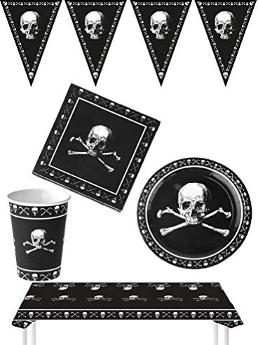 Karneval-Klamotten Halloween Tischdeko Party Set XXL Totenkopf Horror Partygeschirr 36 Teile Teller Becher Servietten Girlande mit Tischdecke