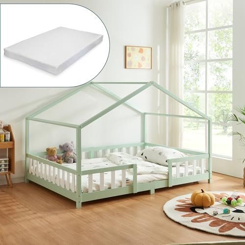 [en.casa] Kinderbett Treviolo mit Matratze 90 x 200 cm Hausbett Holzbett für Kinder mit Rausfallschutz Montessori Bettgestell mit Lattenrost Spielbett Kiefernholz Mintgrün/Weiß