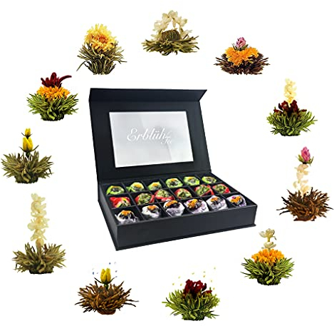 Creano Coffret cadeau de 18 Fleurs de Thé - Thé Blanc,Vert, Noir - dans une noble boîte magnétique avec fenêtre et gaufrage argenté