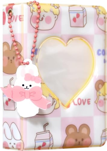 Carpeta para tarjetas de fotos Kpop de 3 pulgadas, mini álbum de fotos Kpop, soporte para tarjetas de fotos hueco de corazón de amor, álbum Kpop con 40 bolsillos con bonito colgante para colección de