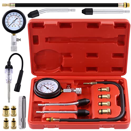 Mardatt 10Pcs Compression tester Adapter Kit with Spark Plug & 32 Blades Feeler Gauge, Cylinder Pressure Gauges & Fuel Injection tester for Automotive Armature Diagnostic