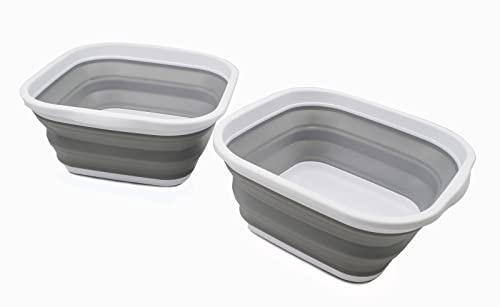 SAMMART 5,5 l Set mit 2 faltbaren Wannen, Faltbare Geschirrwanne, tragbares Waschbecken, platzsparende Kunststoff-Waschwanne (Weiß/Grau)