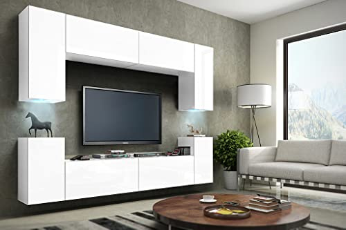 Furnitech Wohnwand Mit LED In Weiß – Moderner Hängender Schrankwand Mit Regalen Und TV-Schrank (Future C1/M/W/4-1A Matt)