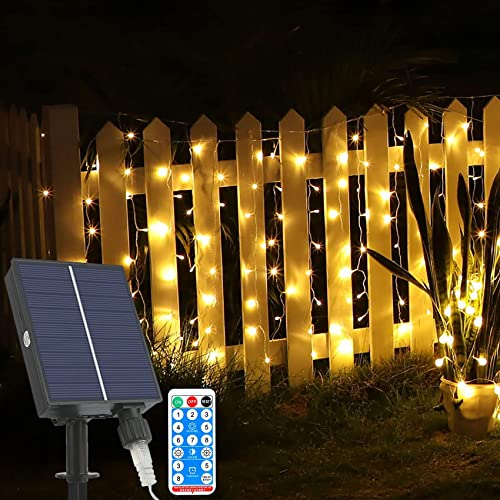 DINOWIN Solar LED Eisregen Lichterkette Außen mit Fernbedienung Wasserdicht 8 Modi Eiszapfen Lichterkette Lichtervorhang Deko für Weihnachten Hochzeit Terrasse (9.85ft 128LED, Warmweiß)