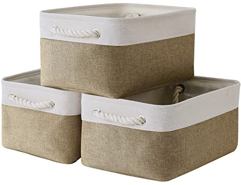 TheWarmHome Storage Basket for Organizing - 14x10x7 inch Medium 3 Pack Collapsible Storage Bin for Shelves with Handles, Canves Storage Box for Organizer Cubes Cloth Gift Toy Closet (White & Khaki)