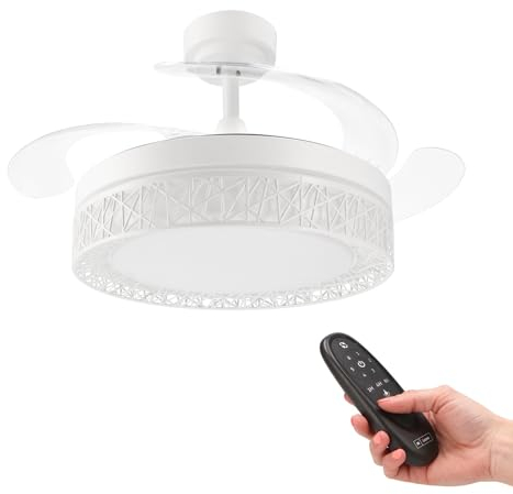 M mimotec - Ventilador de Techo Led White Aqua 66W con luz, mando a Distancia, Bajo consumo, motor DC 30W+Luz Led 36W, 6 velocidades, Silencioso, 4 Aspas desplegables, verano-invierno, temporizador