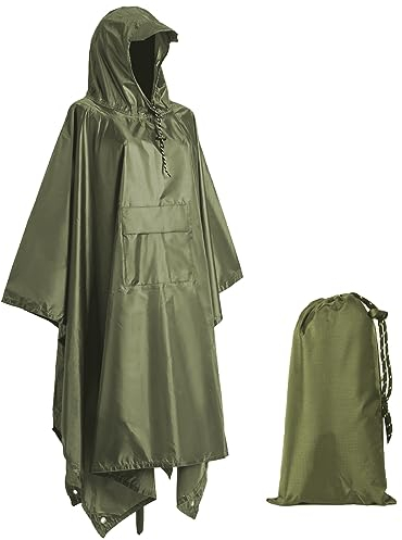 Regenjacke Regenponcho Grün, Regencape mit Kapuze 3 in 1 Multifunktional Atmungsaktiv Regenjacke Herren & Damen, Regenmantel Wasserdichter für Regenponcho festival, Camping, Wandern, Picknick.