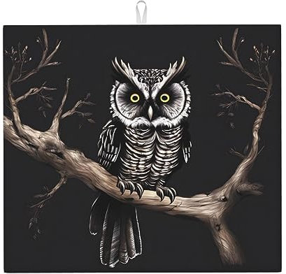 YYHHAOFA Abtropfmatte für die Küche, Motiv: späte Nacht, Motiv: Eule, wasserabsorbierend, rutschfest, wendbar, mit Umhängeband zum Aufhängen, 45,7 x 40,6 cm