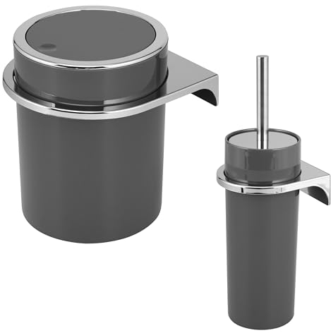 bremermann Savona, Set da 2 Pezzi, Secchio cosmetico da 5,5 Litri e scopino WC con Supporto a Parete, Rotondo (Grigio)