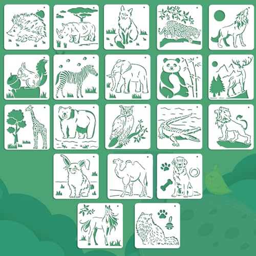 WANTOUTH 20 Stücke Tierschablonen Tiere Schablonen Stencil PET Zeichenschablonen 14.8 * 14.8cm Tiermalerei Schablonen Schaf Pferd Löwe Katze Kuh Stencil Waldtiere zum Malen für Scrapbooking DIY