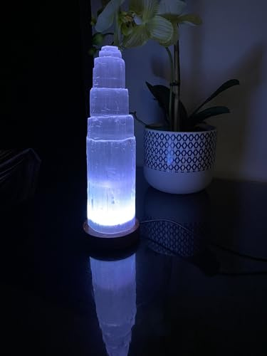 Selenit USB Lampe mit Farbwechsel Selenit Tischlampe LED Farbwechsel mit Holzsockel Ladeturm Selenit kristall nachttischlampe Edelstein lampe Reinigung Dekoration home decor (15 CM)