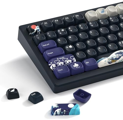 Womier PBT Black Keyboard Keycaps, Japanese MOA Keycaps for Mechanical Keyboard, Cute Custom Dye-Sublimation Key Cap for 60 65 75 100 Percent, Kanagawa