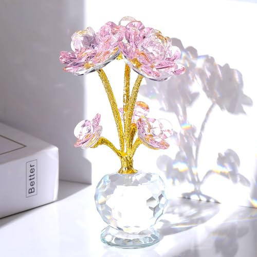 Crystal Pink Rose Figurine with Base, Collectible Glass Flower Bouquet Gifts for Women on Birthday, Valentine's Day, Anniversary, Handmade Crystal Flower Ornament for Home, Wedding Party