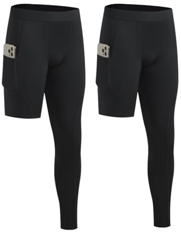 Hotfiary 2 Pack Herren Kompressionshosen, Einbeinige Lange Basketball Kompressionsstrumpf Hosen mit Tasche, Herren Sport Basisschicht Leggings Gymnastikhosen Laufhosen unten