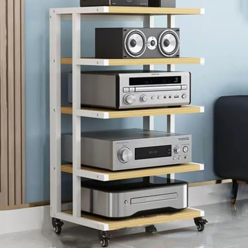 ZIUSFAC Audioständer HiFi Ständer AV-Medienständer Audio-Video-Komponenten- Rack Mit Rollen 4/5/6 Etagen Stereo Schrank Eckständer Audio Rack(White+Walnut,5 Tier)