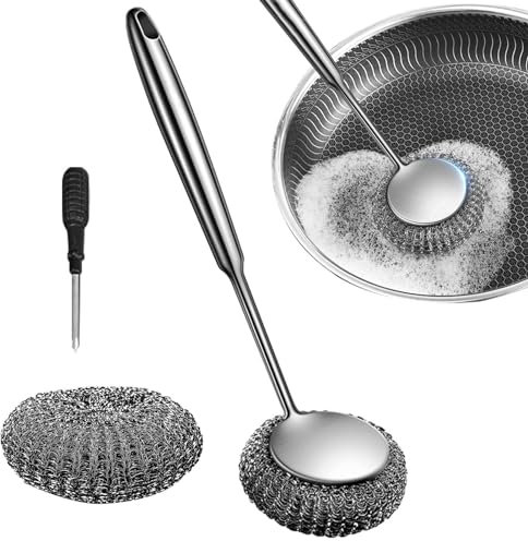 Steel Wool Scrubber - Wool Skeletonized Cleaning Ball, Multifunctional Steel Scourings Pads | Stainless Steel Wool Scrubbers with Handle, Reusable Scrubber Dish Brush for Home Kitchens Bathroom