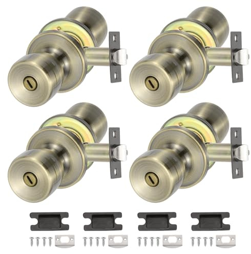 PATIKIL Privacy Keyless Door Knobs Interior, 4 Pack Round Zinc Alloy Bedroom Bathroom Door Knob with Lock Entry Indoor Outdoor Door, Bronze