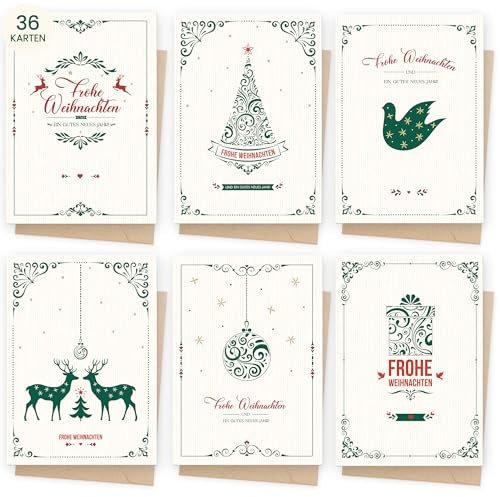 AmzLinkal 36 Weihnachtskarten mit Umschlag set, A6 Christmas Falzkarten mit Einzigartigem Spruch, Neujahrskarten 2025 für Familie, Freunde, Kollegen & Geschäftskunden