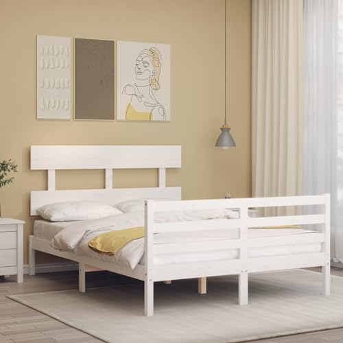 Buzaza Massivholzbett mit Kopfteil Bettgestell Bed Frame Holzbett Kopfteil Bett Schlafzimmer Bett Massivholzbetten Weiß 120x200 cm - 3195087