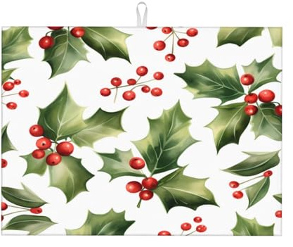 Tapete de secado de platos, diseño de hojas de acebo de Navidad, bayas, absorbente, para encimera de cocina, antideslizante, escurridor de platos, 18 x 24 pulgadas