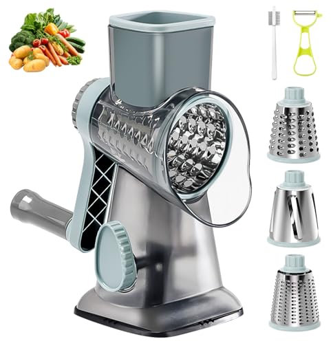 NZZVNZ Rallador de Verduras, Rallador de Queso Manivela Giratoria,Ralladores de Cocina con 3 Cuchillas de Tambor Intercambiables Corte rápido para Zanahorias Queso y Pepinos