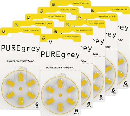 PUREgrey Hörgerätebatterien Typ 10-60 Stück Hörgeräte Batterien konzipiert für höchste Leistung – Pack mit 10 Blistern à 6 Hörgerätebatterien – PR70 Farbcode gelb 1,45 Volt