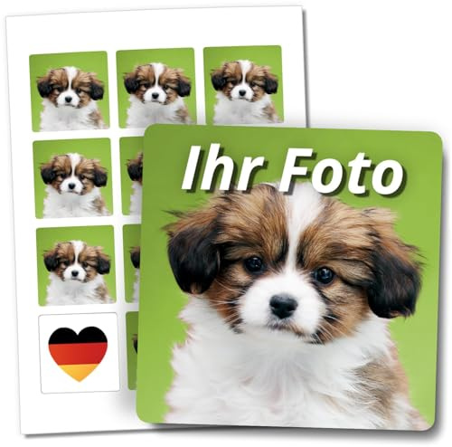 24 kleine Aufkleber mit eigenem Foto PERSONALISIERT quadratische Etiketten | 5,6 cm individuelle Fotos Hochzeit Baby Freundschaftsbuch Freunde Geburtstag Schule Gastgeschenke Mitgebsel Logo