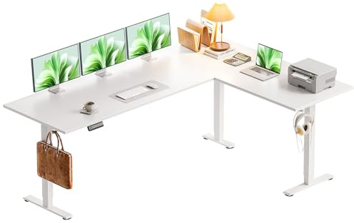 Casaottima 71 Inch Reversible Electric L Shaped Standing Desk, Height Adjustable Corner Stand up Desk, Ergonomic Large Lift Table for Home, Office, Workstation, Reception Room, White