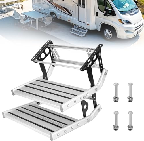 BONJUME Zweistufige Trittstufe für Wohnmobil, Manuelle Aluminiumlegierung klappbare einzelne Stufe Trittstufen Leiter ausziehbar Teleskoppedal Anti Rutsch für Wohnmobil RV Reiseanhänger Caravan