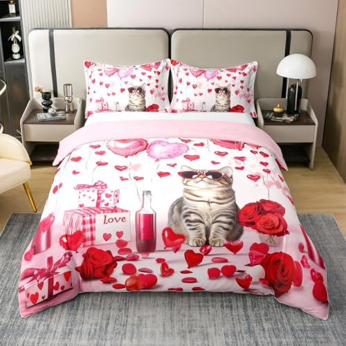 Homemissing Rose 100% Coton Housse de Couette 240x260cm Amour Cœur Saint-Valentin Parure de Lit pour Les Enfants Garçons Filles Romantique Literie Set Respirable