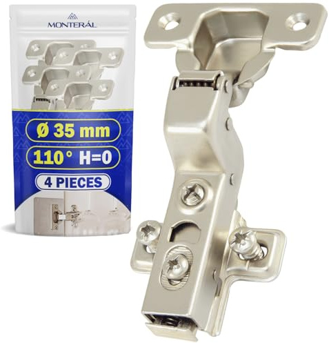 4x Cerniere per Ante Cucina Ammortizzate 110° Sistema Soft-Close Clip-On | Montaggio Cerniere per Mobili H=0 Ø 35 mm - Garanzia di 10 Anni - MONTERAL