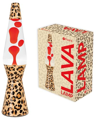 Fisura – Lava Lampe mit Leopardenbasis und roter Lava. Retro Lampe mit flüssiger transparenter Füllung und Ersatzbirne. Ideal für dekorative Beleuchtung. Maße: 11 cm x 11 cm x 40 cm.