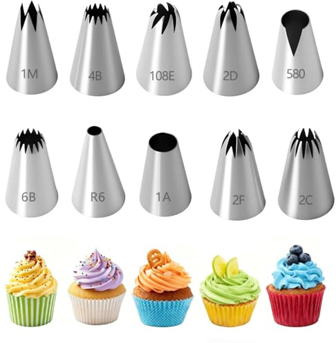 10pcs Spritztüllen Edelstahl Profi Set Große Spritztüllen Blumen Piping Tips Sterntülle Tüllen für Spritzbeutel Aufsätze Piping Nozzles Dekorationsspitzen für Creme Cupcakes Kuchen Tortenspritze