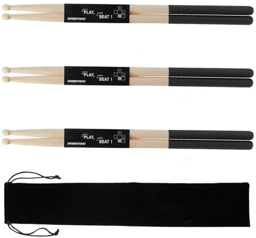 3 Paar Drumsticks 5A aus Premium Ahornholz, mit Holzspitze und Tragetasche | Drumsticks Ideal für Anfänger, Schüler und Erwachsene-Halb schwarz