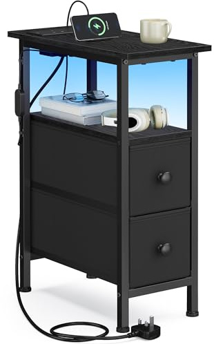 SONGMICS BELLAH Collection – Side End Table, Bedside Table with Charging Station, LED Lighting, 2 Drawers, for Living Room, Bedroom, Ink Black LGS002B103