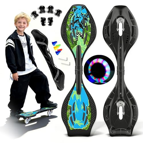 ZQHQKJ Waveboard für Kinder und Erwachsene - Snakeboard mit LED Leuchtrollen 6 Sicherheitsbremsen, bis 129kg Belastbar, Alu-Rahmen, inkl. Schutzset & Tasche, 360° Drehbar für Straße Skatepark,Grün