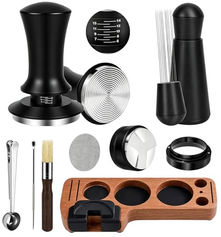 TECKZOON Juego de 9 accesorios para cafetera espresso, 51 mm, con estación de tamper, nivelador de café, herramienta WDT, agitador, embudo dosificador, colador, cepillo de limpieza, clip para cucharas