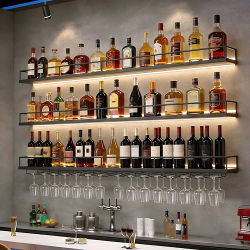Dernoing 120CM Modernes Wand Weinregal Metall, 3 Ebenen Wandmontage Wine Display-Ständer mit Glashalter, Schwebende Barregale für die Hausbar Bar Küche Esszimmer (Schwarz, 120cm)